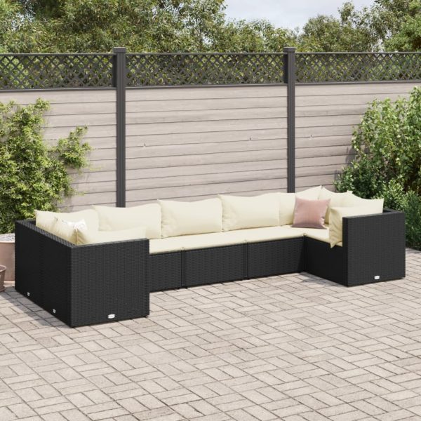 7-delige Loungeset met kussens poly rattan zwart