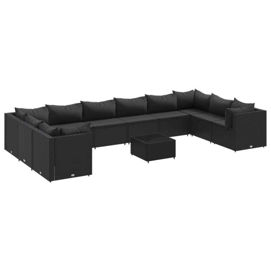 11-delige Loungeset met kussens poly rattan zwart - Afbeelding 2