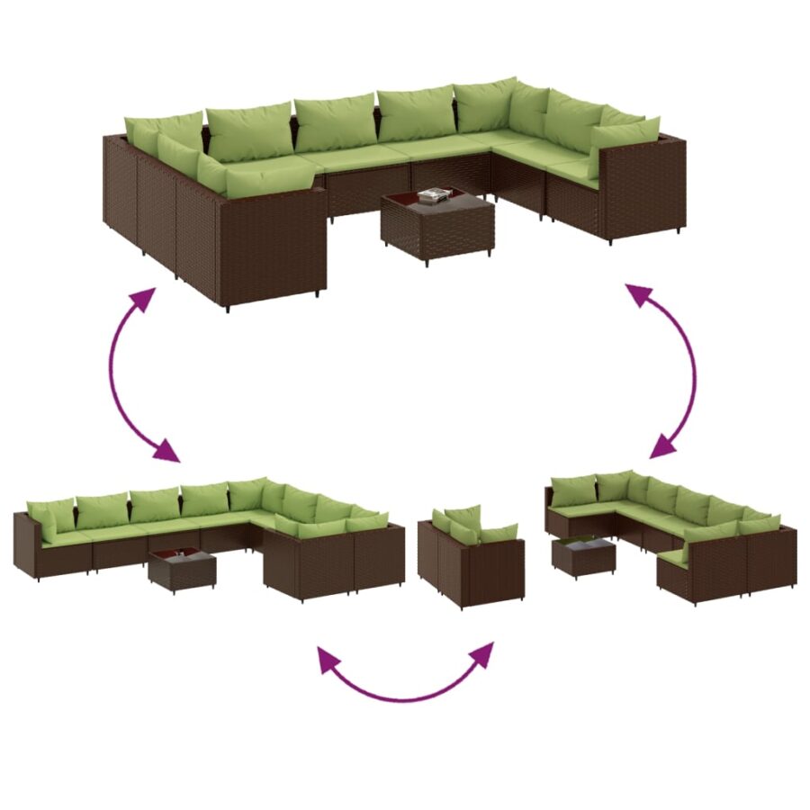 10-delige Loungeset met kussens poly rattan bruin - Afbeelding 6