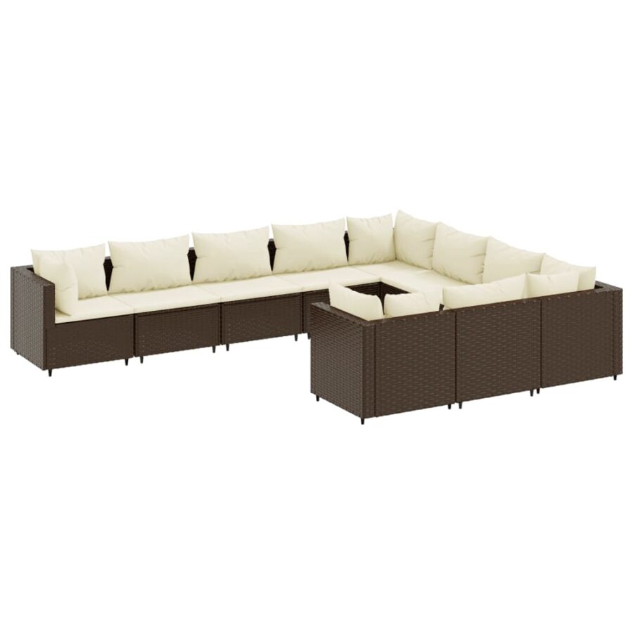 10-delige Loungeset met kussens poly rattan bruin - Afbeelding 2