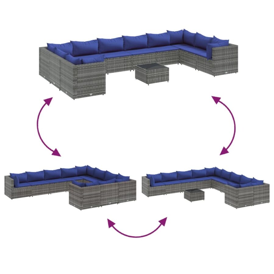 11-delige Loungeset met kussens poly rattan grijs - Afbeelding 6