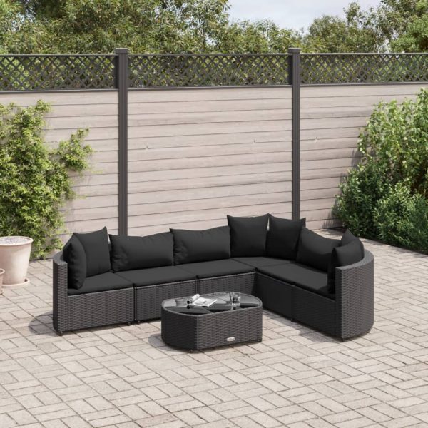 7-delige Loungeset met kussens poly rattan zwart