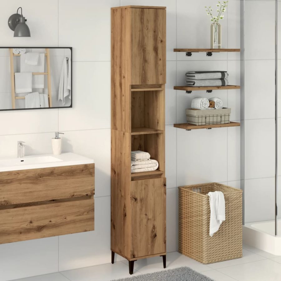 Badkamerkast 30x30x190 cm bewerkt hout artisanaal eikenkleurig