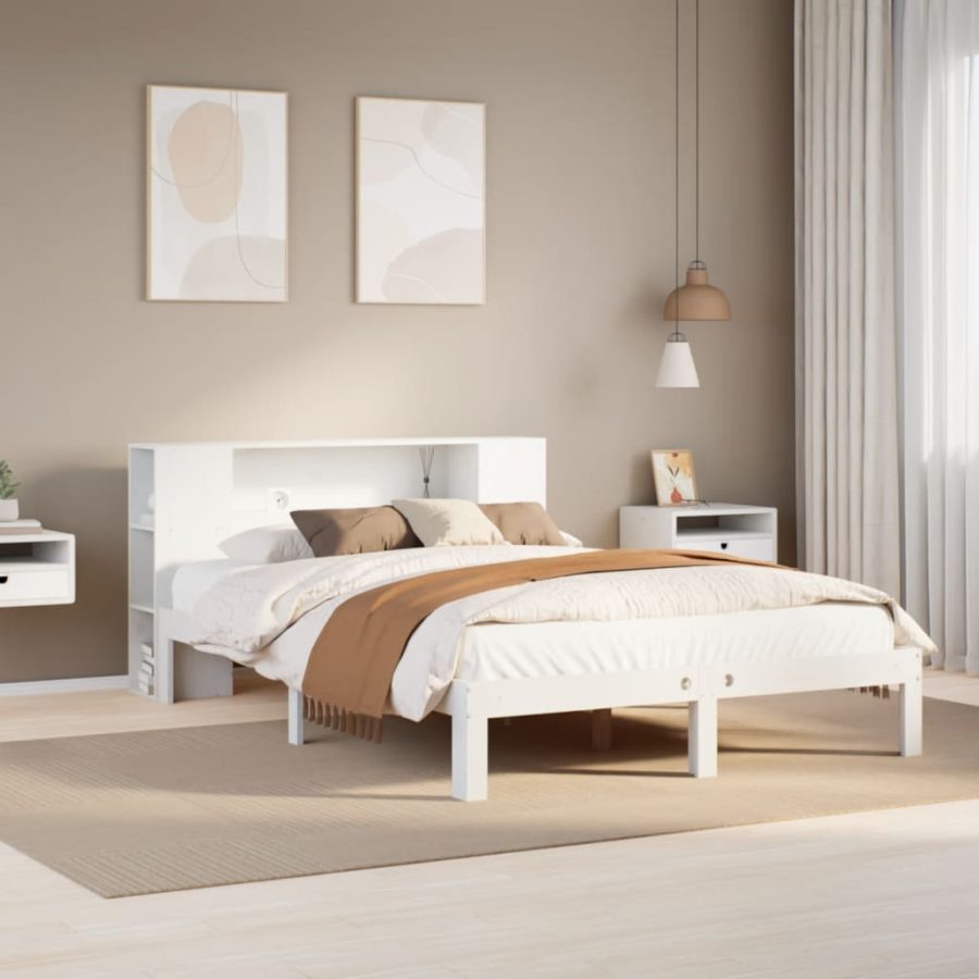 Bed met boekenkast zonder matras grenenhout wit 140x190 cm