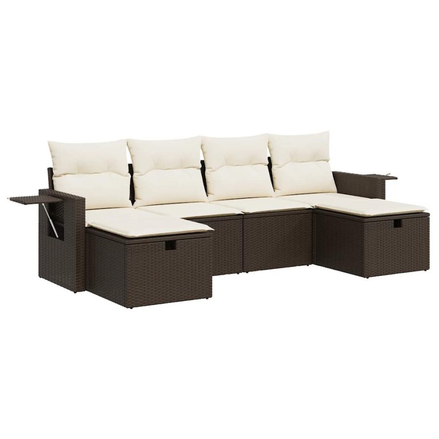 6-delige Loungeset met kussens poly rattan bruin - Afbeelding 2