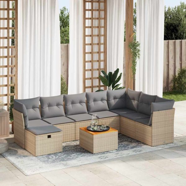 9-delige Loungeset met kussens poly rattan beige