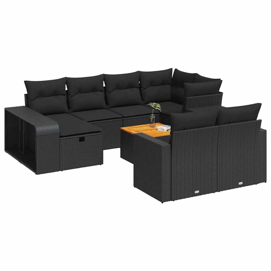 11-delige Loungeset met kussens poly rattan zwart - Afbeelding 2