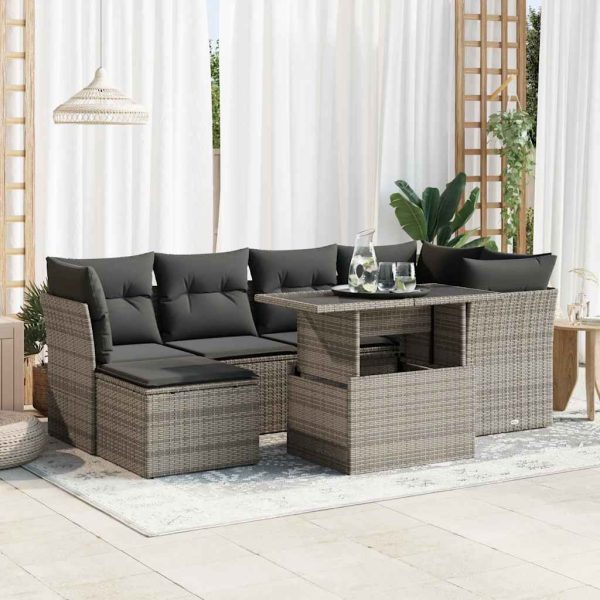 7-delige Loungeset met kussens poly rattan grijs