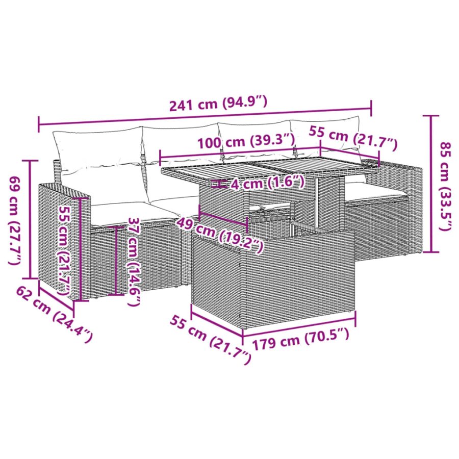 5-delige Loungeset met kussens poly rattan zwart - Afbeelding 12