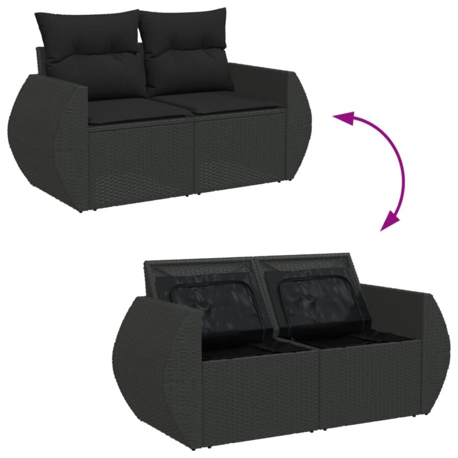 11-delige Loungeset met kussens poly rattan zwart - Afbeelding 9