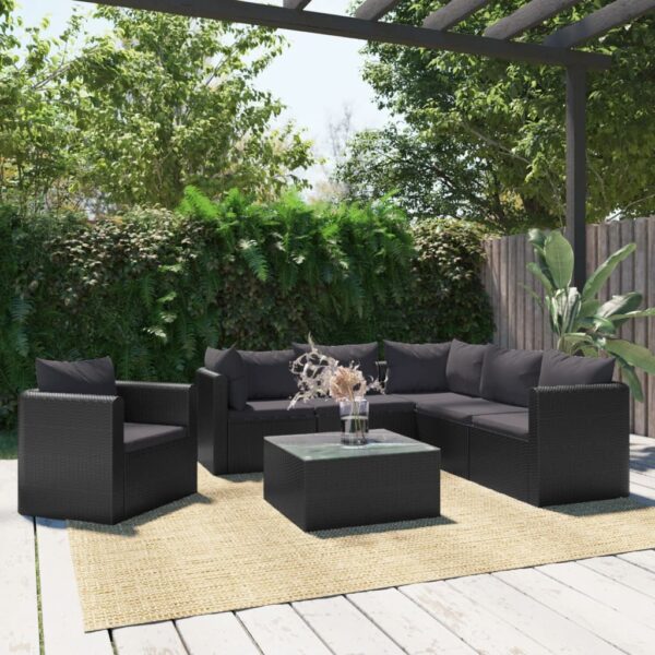 7-delige Loungeset met kussens poly rattan zwart