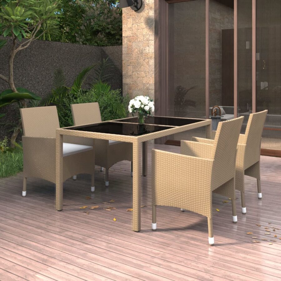5-delige Tuinset poly rattan en gehard glas beige