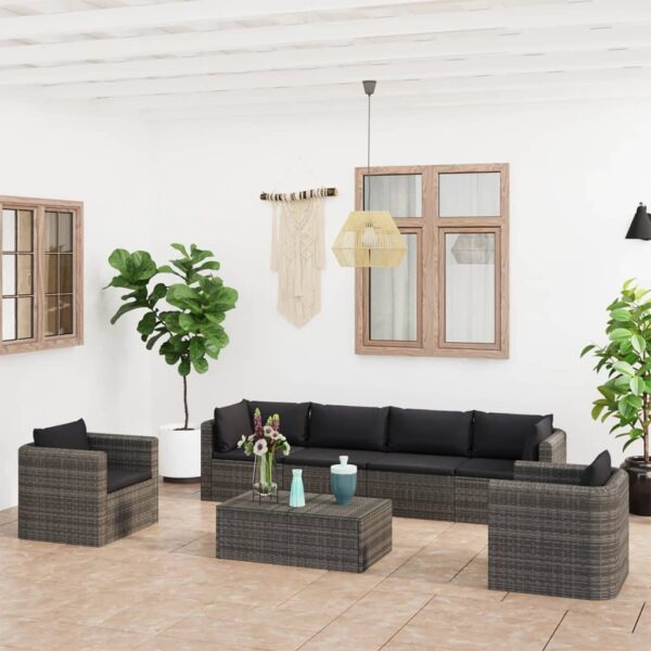 7-delige Loungeset met kussens poly rattan grijs