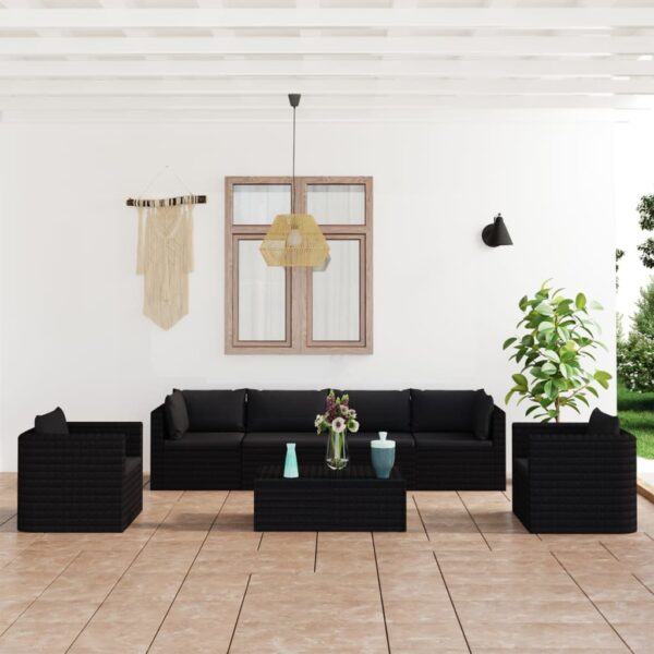 7-delige Loungeset met kussens poly rattan zwart