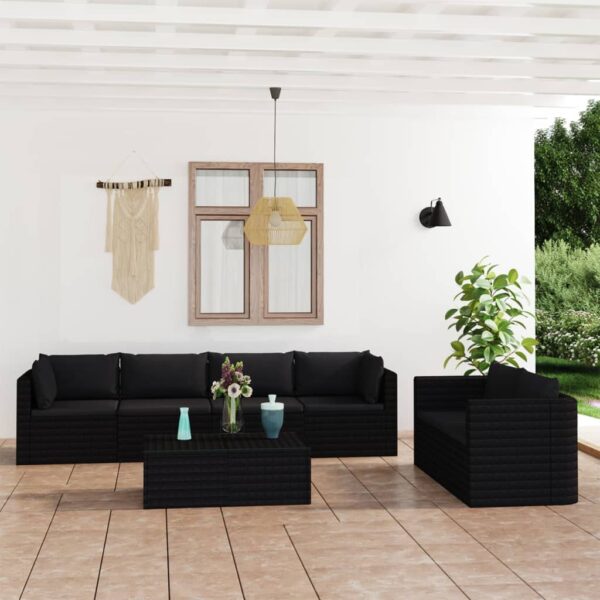 7-delige Loungeset met kussens poly rattan zwart