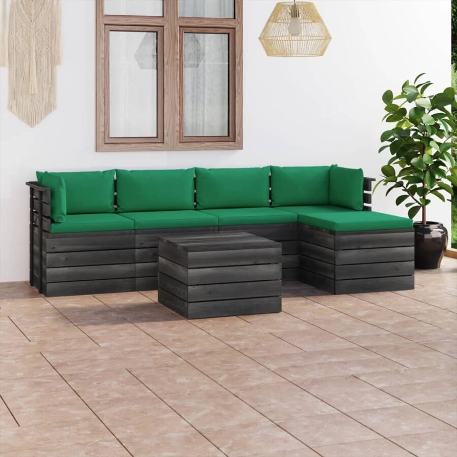 6-delige Loungeset met kussens pallet massief grenenhout