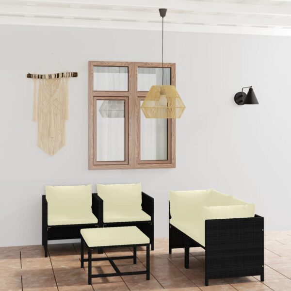 5-delige Loungeset met kussens poly rattan zwart