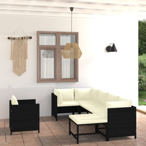 7-delige Loungeset met kussens poly rattan zwart