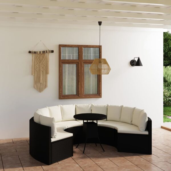7-delige Loungeset met kussens poly rattan zwart