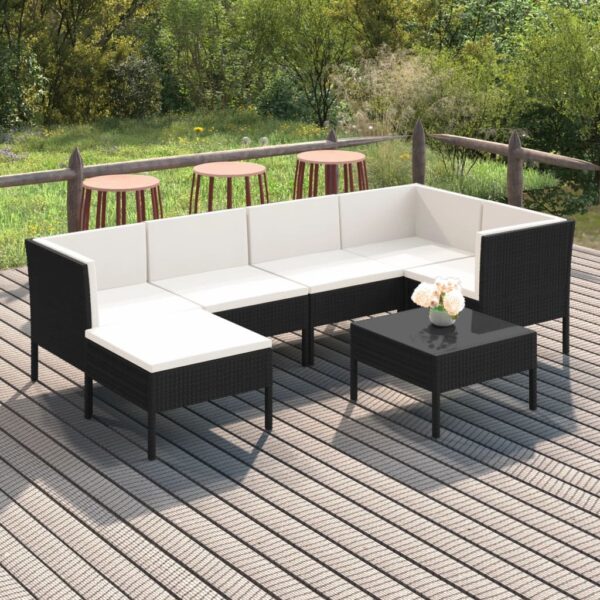 7-delige Loungeset met kussens poly rattan zwart