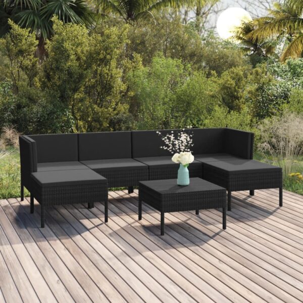 7-delige Loungeset met kussens poly rattan zwart