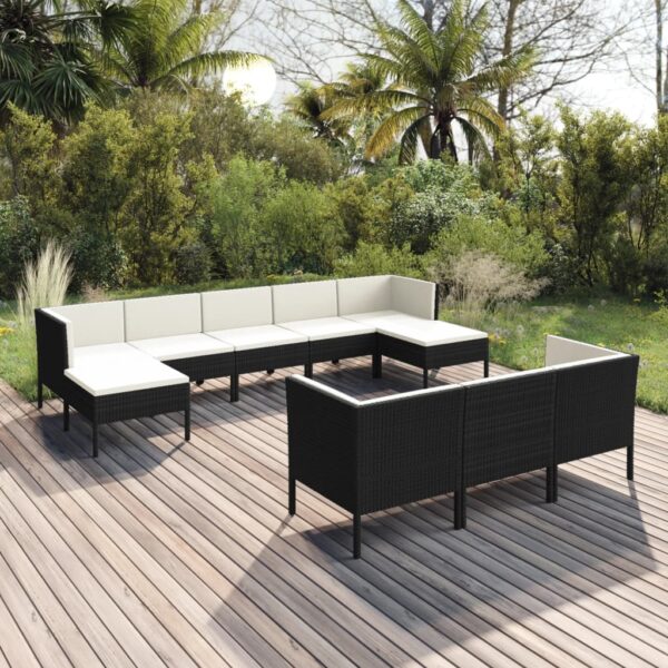 10-delige Loungeset met kussens poly rattan zwart