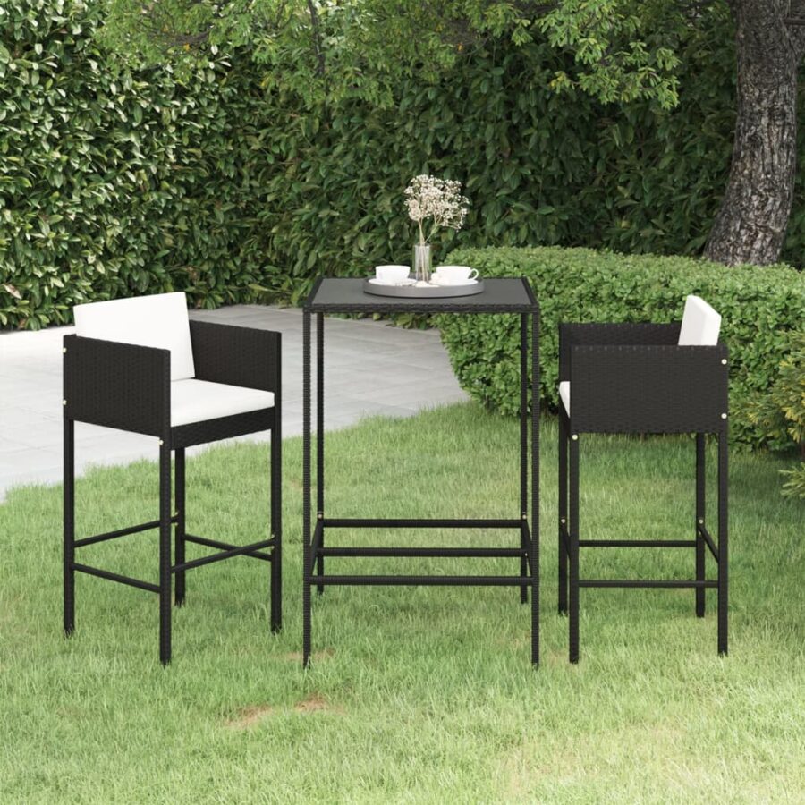 3-delige Tuinbarset met kussens poly rattan zwart