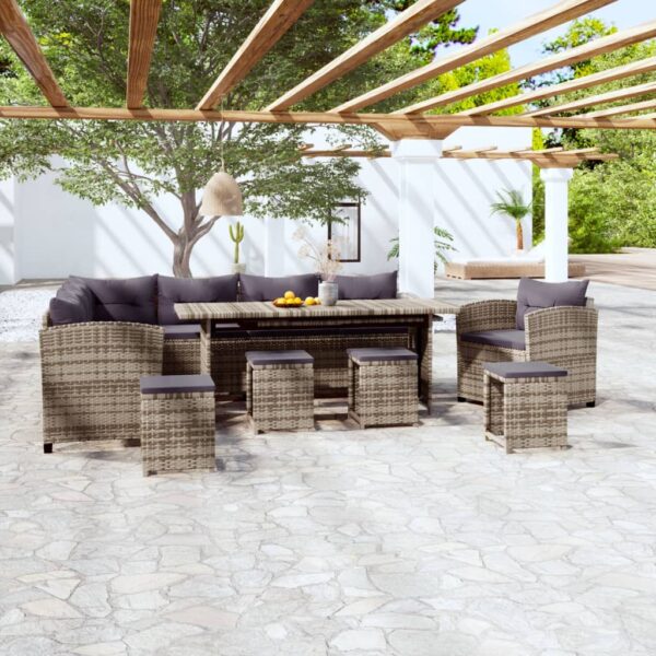 7-delige Loungeset met kussens poly rattan grijs
