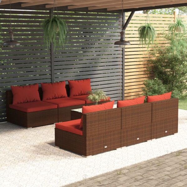 7-delige Loungeset met kussens poly rattan bruin
