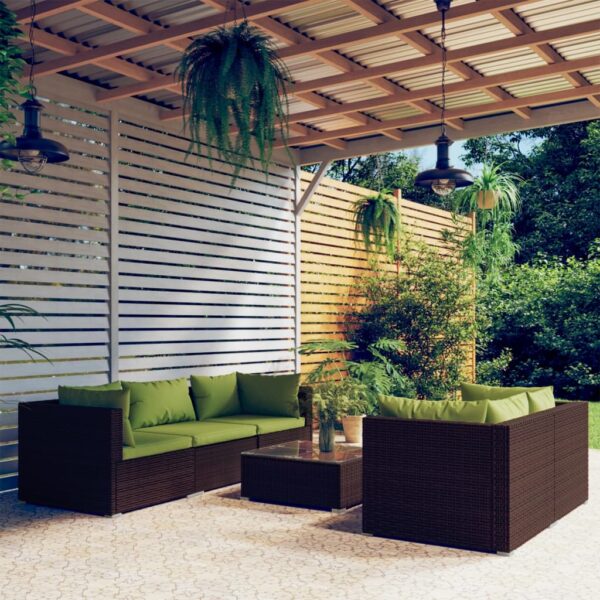 6-delige Loungeset met kussens poly rattan bruin