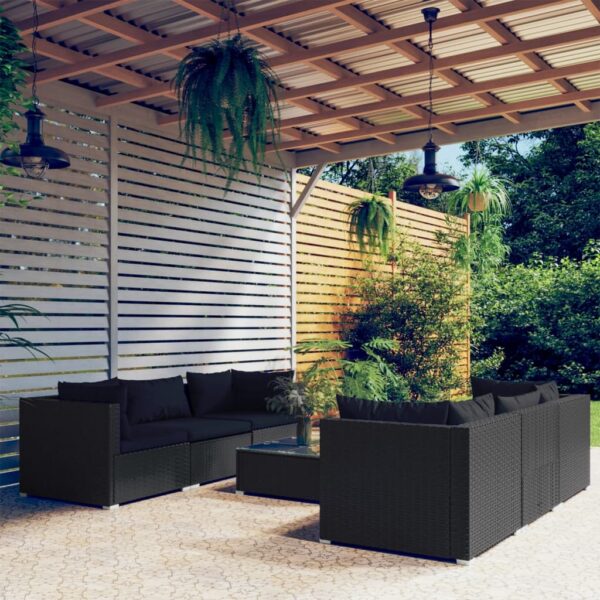 7-delige Loungeset met kussens poly rattan zwart