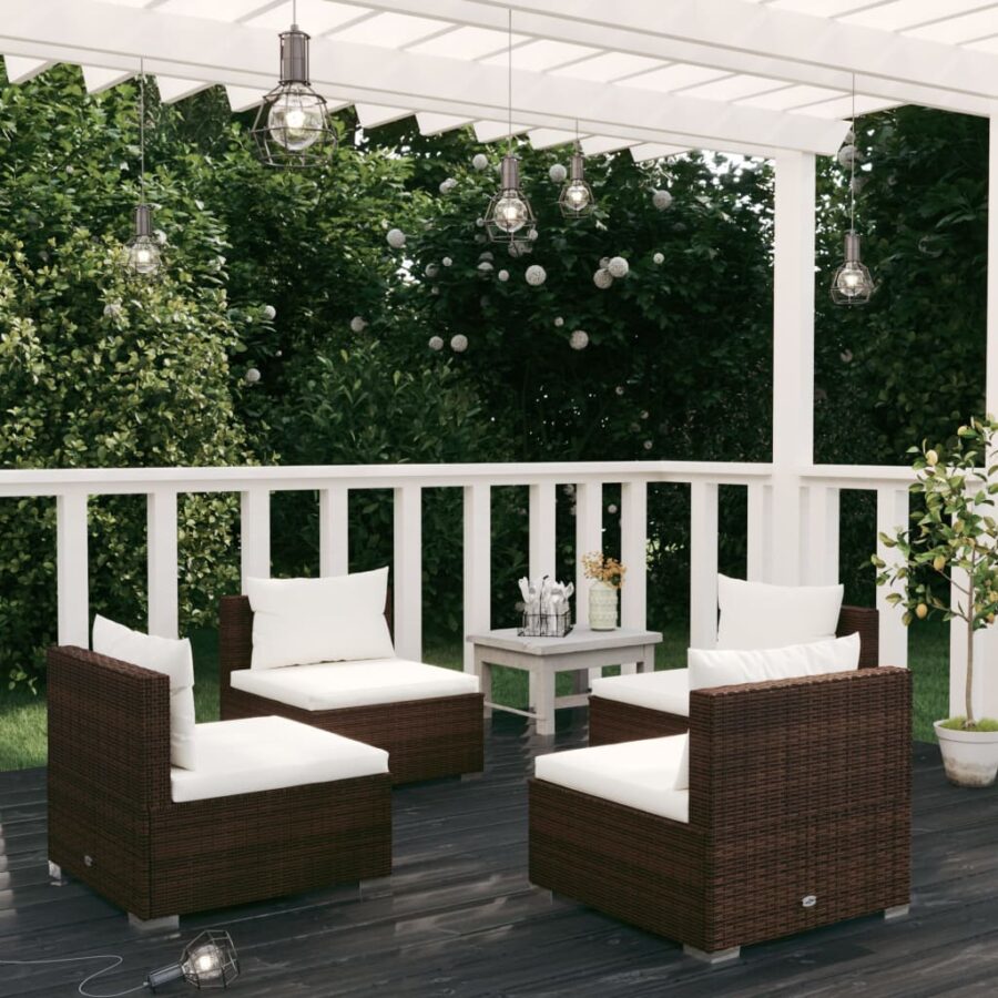 4-delige Loungeset met kussens poly rattan bruin