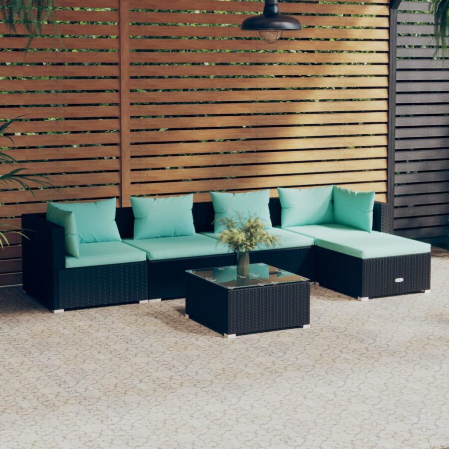 6-delige Loungeset met kussens poly rattan zwart