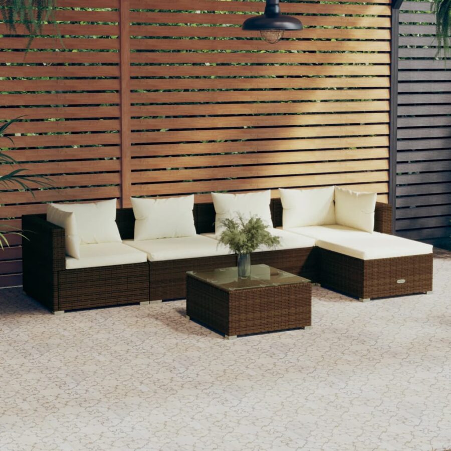 6-delige Loungeset met kussens poly rattan bruin