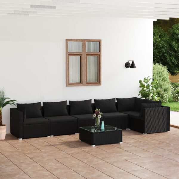 7-delige Loungeset met kussens poly rattan zwart