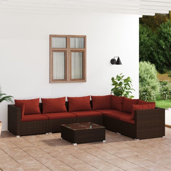 7-delige Loungeset met kussens poly rattan bruin
