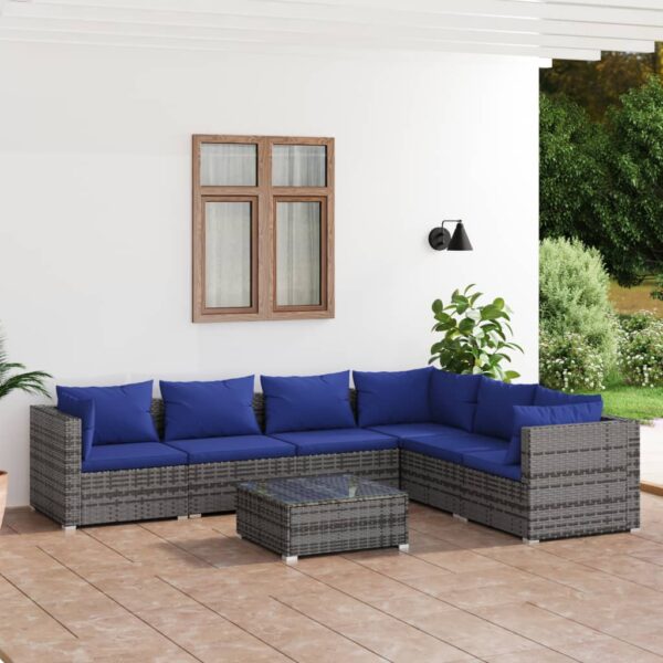 7-delige Loungeset met kussens poly rattan grijs