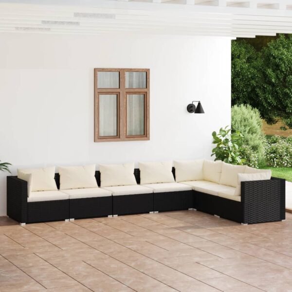 7-delige Loungeset met kussens poly rattan zwart