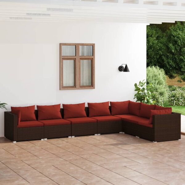 7-delige Loungeset met kussens poly rattan bruin