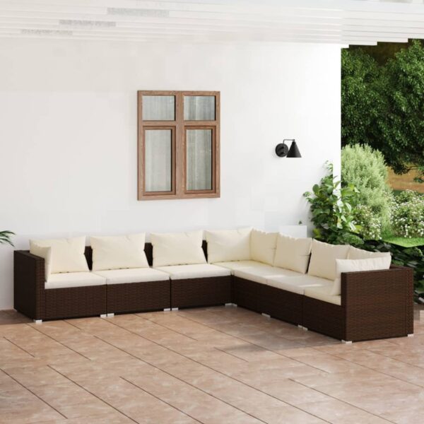 7-delige Loungeset met kussens poly rattan bruin