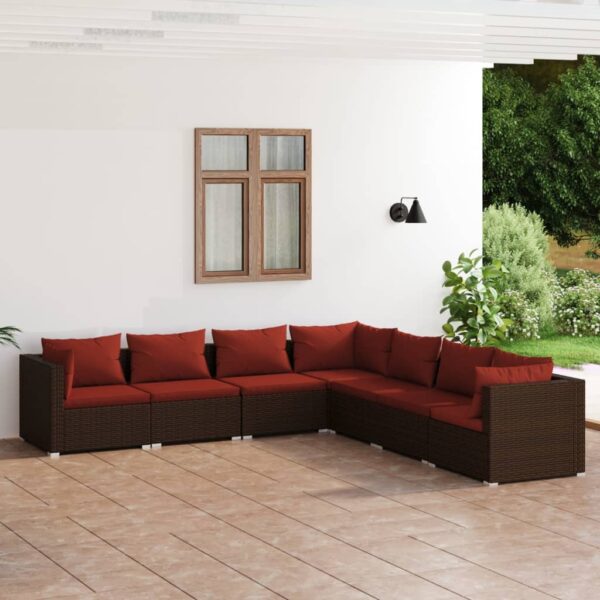 7-delige Loungeset met kussens poly rattan bruin