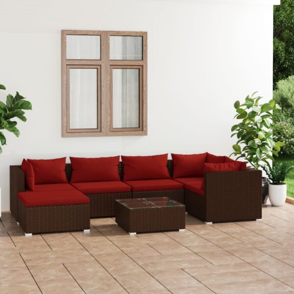 7-delige Loungeset met kussens poly rattan bruin