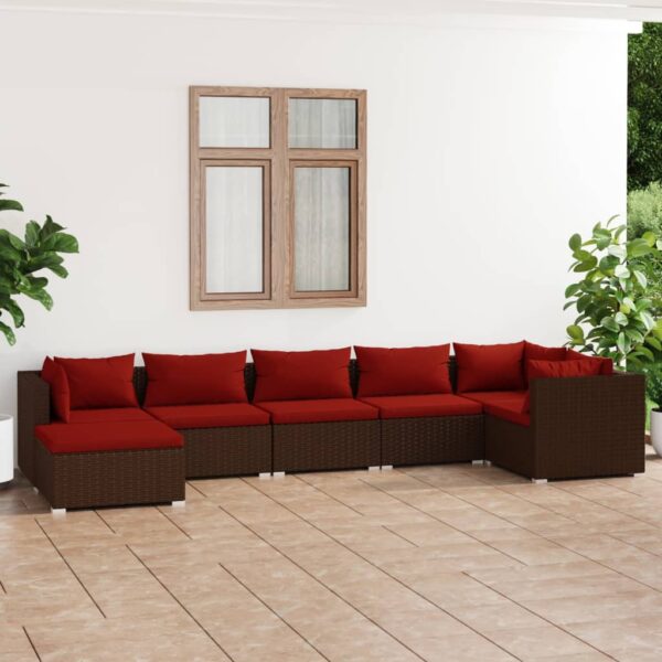 7-delige Loungeset met kussens poly rattan bruin