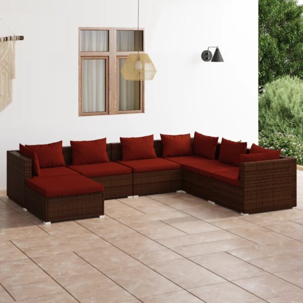 7-delige Loungeset met kussens poly rattan bruin