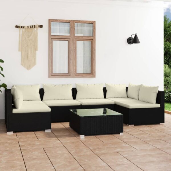 7-delige Loungeset met kussens poly rattan zwart