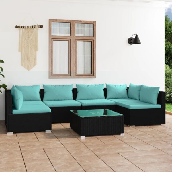 7-delige Loungeset met kussens poly rattan zwart