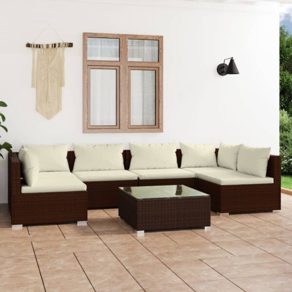 7-delige Loungeset met kussens poly rattan bruin