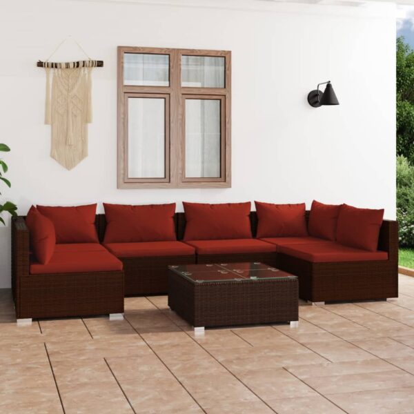 7-delige Loungeset met kussens poly rattan bruin
