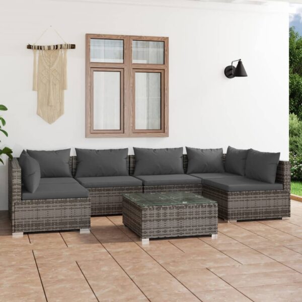 7-delige Loungeset met kussens poly rattan grijs