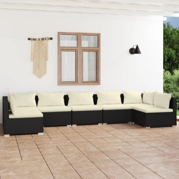 7-delige Loungeset met kussens poly rattan zwart